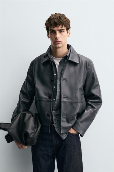BOXY FIT LEATHER JACKET - Navy blue by Zara