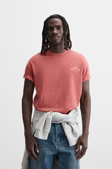 Zara VARSITY WASHED T-SHIRT - Red