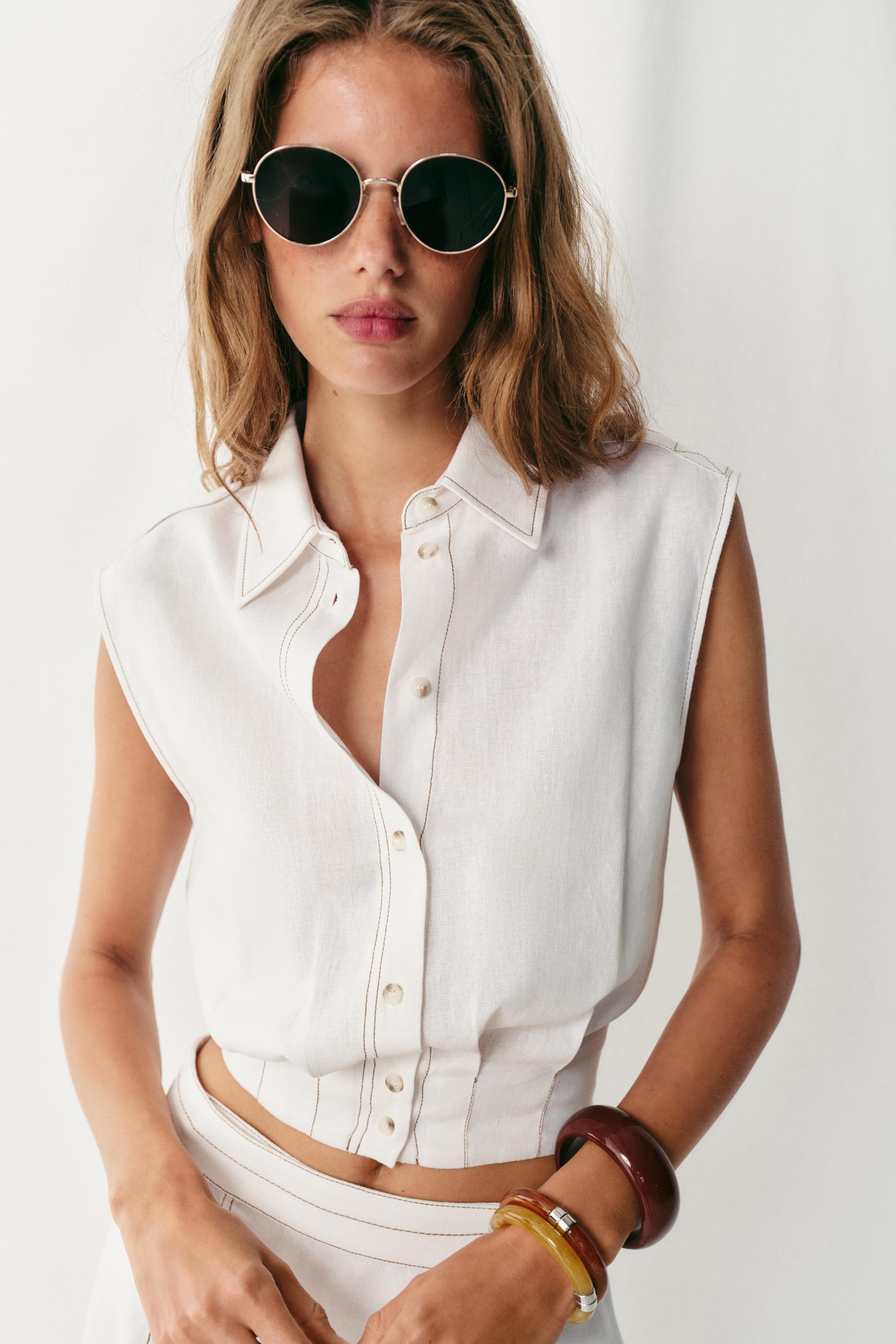 LINEN TOP WITH TOPSTITCHING — White