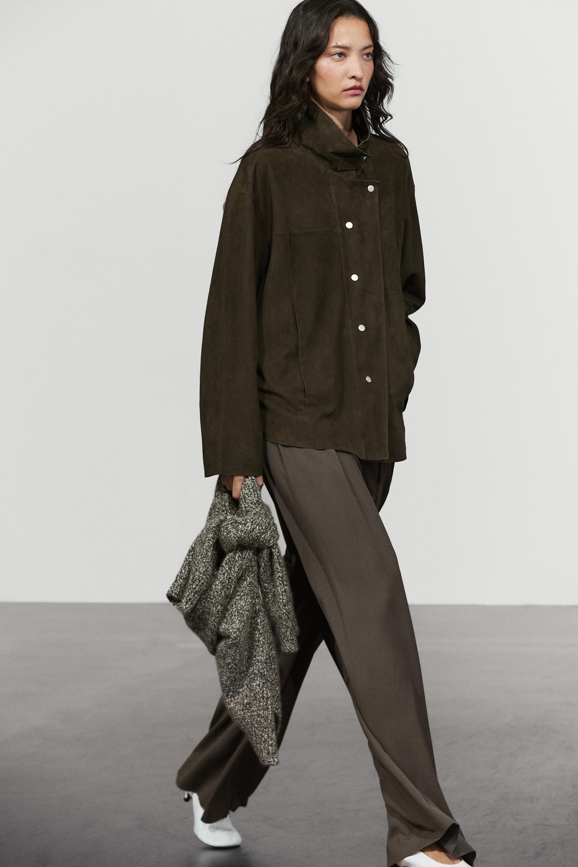 Veste col montant en cuir et daim