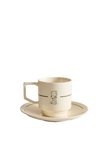 STONEWARE COFFEE CUP AND SAUCER - White / Green by Zara
