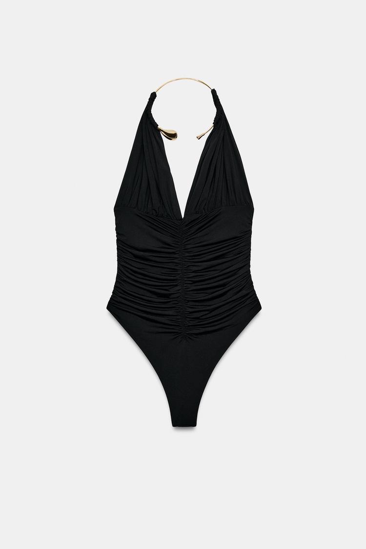RUCHED CHOKER BODYSUIT — Black