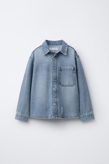 Zara DENIM OVERSHIRT WITH LABEL - Mid-blue