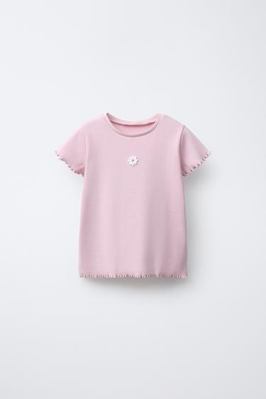 CAMISETA RIB FLOR BORDADA - Rosa pastel de Zara