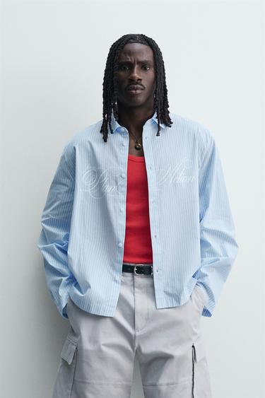 BOXY FIT STRIPED SLOGAN SHIRT - Light blue by Zara