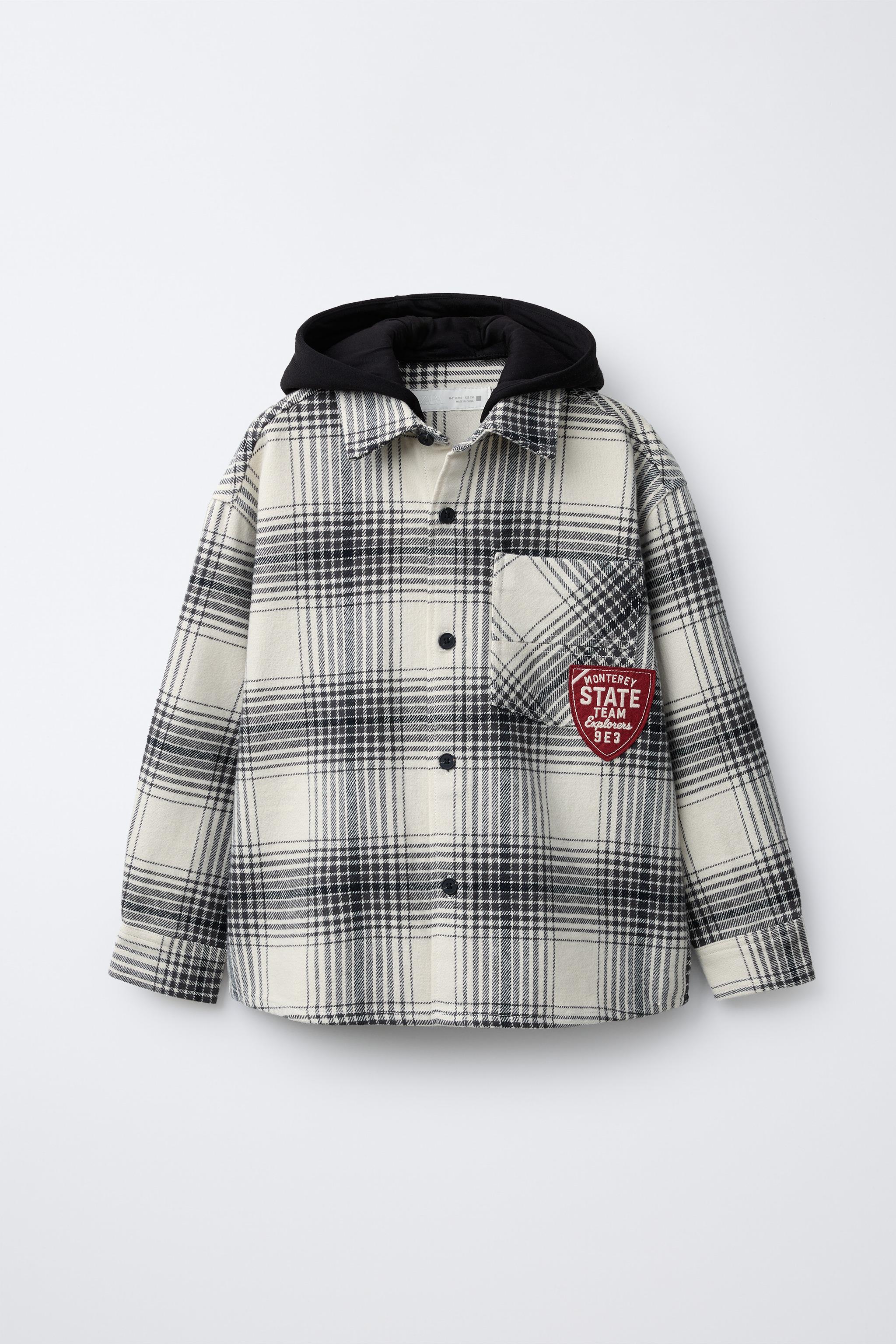 【新品未使用】ZARA フード付きシャツジャケット Mサイズ エクリュ 羽織り 取り外し可能なフリースフード付きチェックシャツジャケット