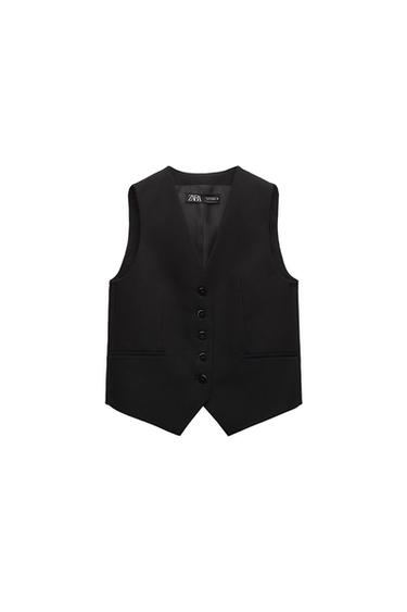 Front view of a black vest with buttons and side pockets.
