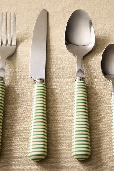 4-PIECE CUTLERY SET WITH STRIPED HANDLE - Green / Ecru by Zara - Image 5