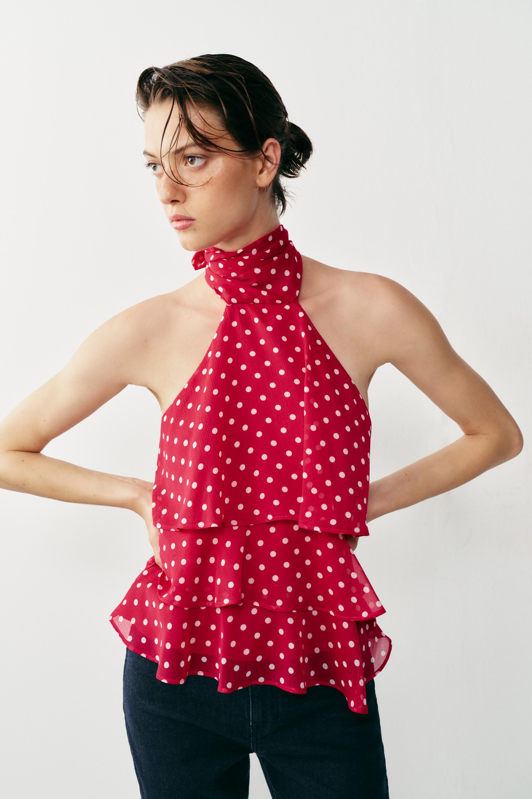 POLKA DOT RUFFLED HALTER TOP — 107