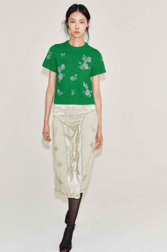 BEADED SHORT SLEEVE KNIT JUMPER - Green by Zara - Image 0