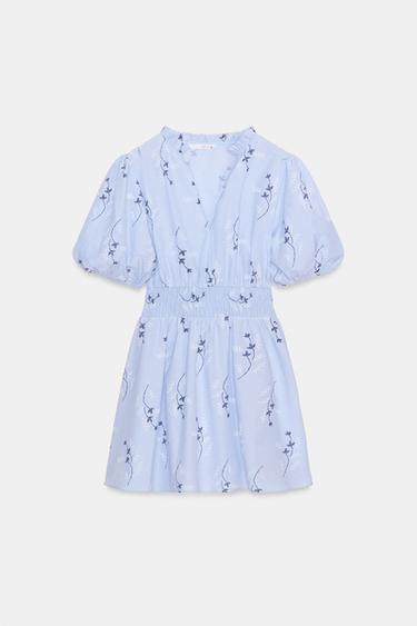 Zara EMBROIDERED PRINTED DRESS - Blue / White