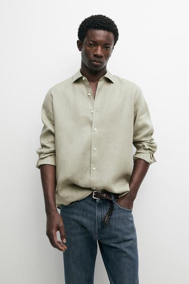 Chemise regular fit 100 % lin extra-fin - Vert moyen de Zara
