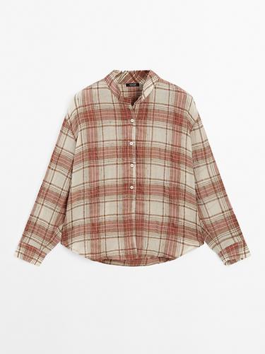 Zara Oversized checked shirt with stand collar - Brick - Image 0