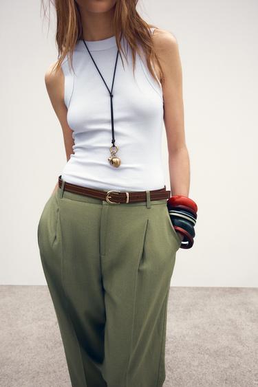 LINEN BELTED STRAIGHT-LEG TROUSERS - Light khaki by Zara