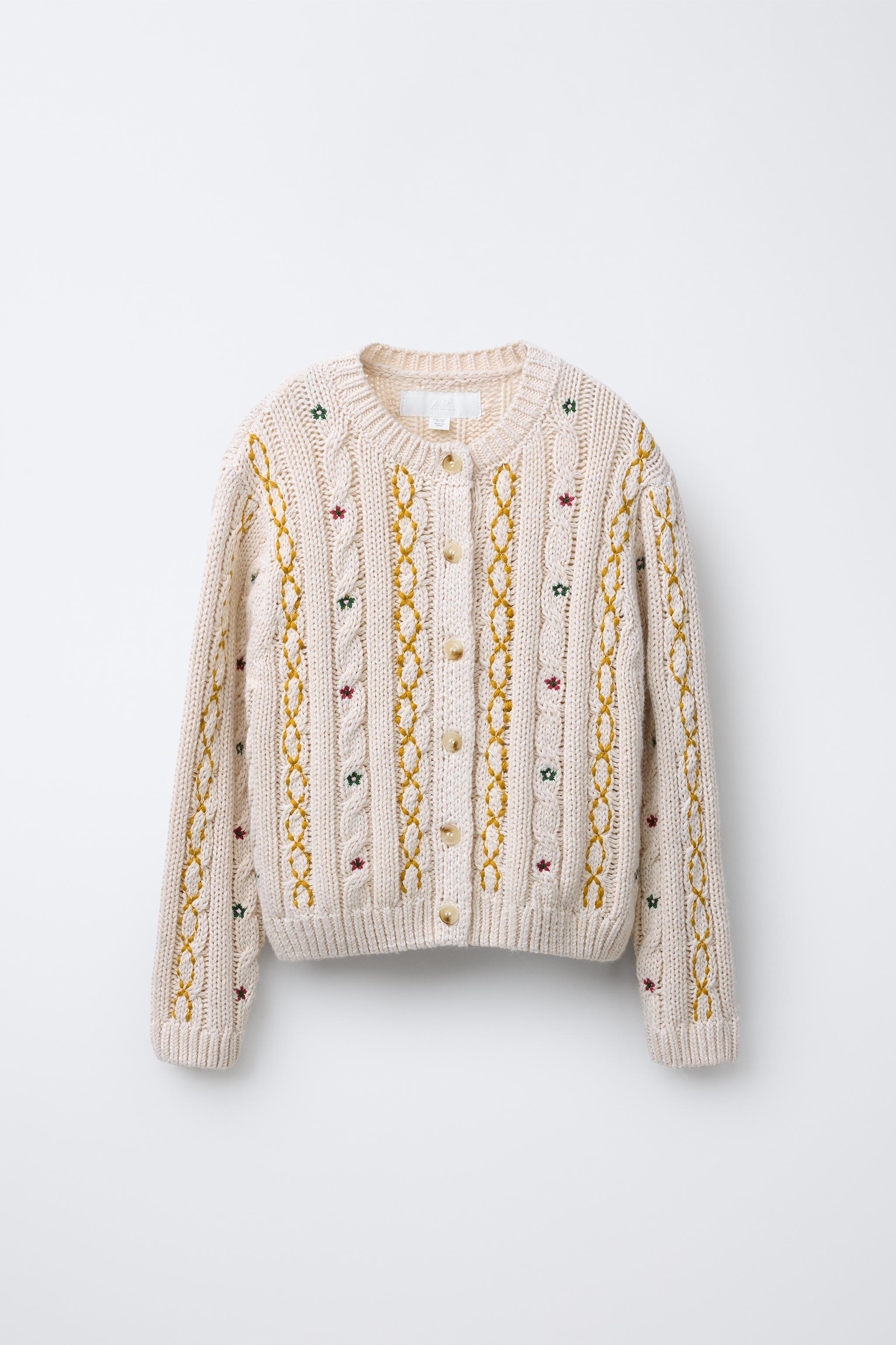 EMBROIDERED CABLE KNIT CARDIGAN - Mid-ecru | ZARA United States