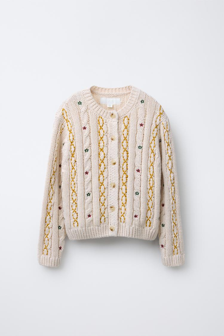 EMBROIDERED CABLE KNIT CARDIGAN Mid-ecru ZARA United States