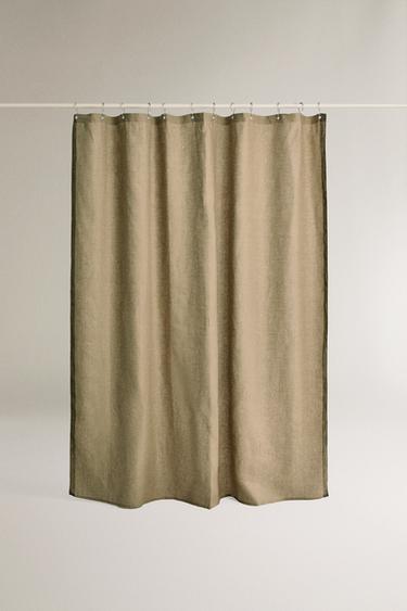 LINEN SHOWER CURTAIN WITH SIDE STRIPE - Dark khaki by Zara - Image 0