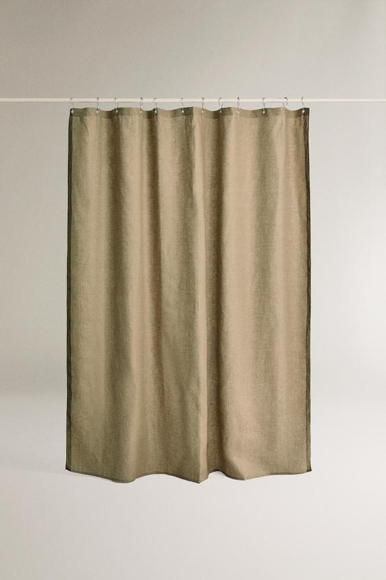 LINEN SHOWER CURTAIN WITH SIDE STRIPE - Dark khaki | ZARA Turkey