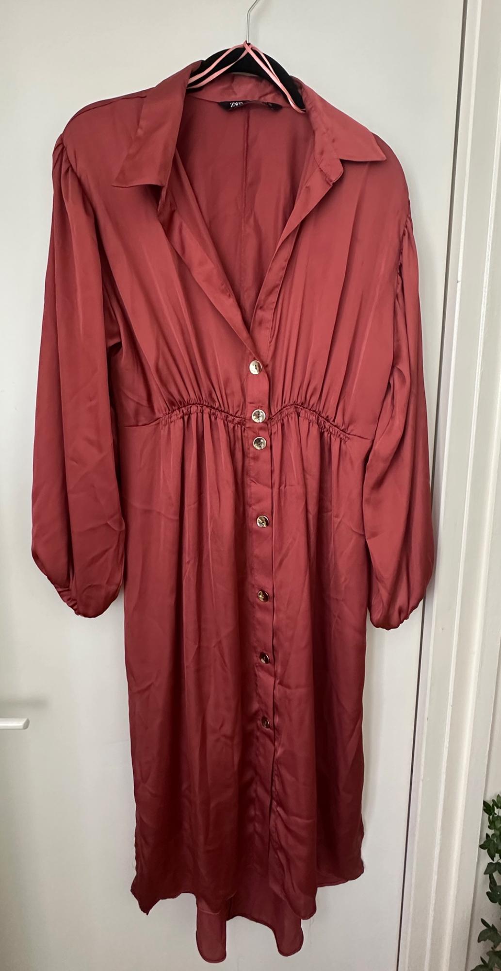 Terracotta satin shirt dress with long sleeves, buttons, and a ruched waist, hanging on a white door. Visible text: ZARA.