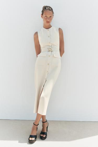 CREPE MIDI DRESS WITH BELT - Ecru by Zara
