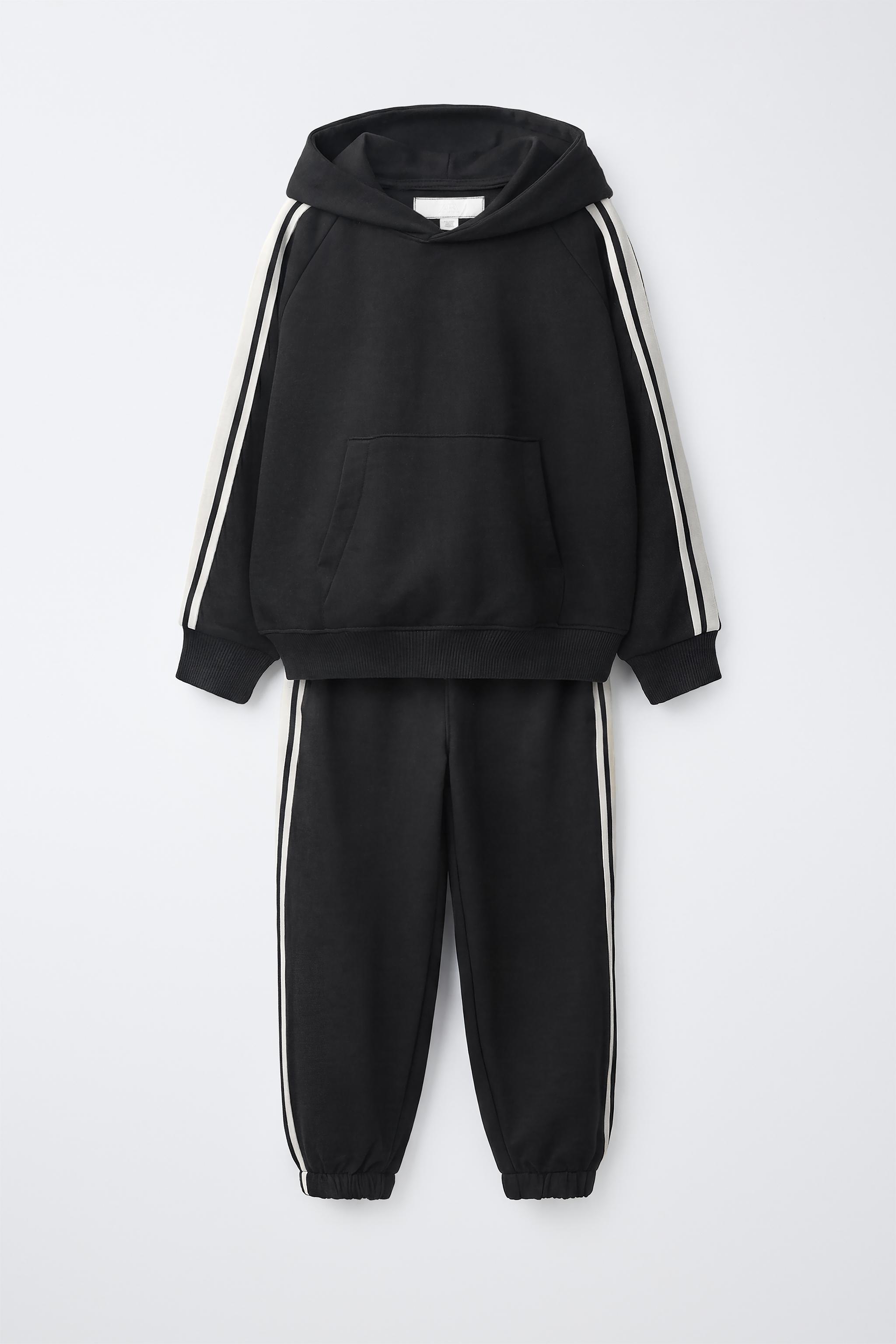 HOODIE AND SIDE-STRIPE JOGGER SET — Black