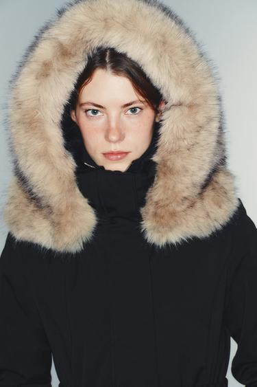 QUILTED ANORAK WITH FAUX FUR HOOD, WATER AND WIND PROTECTION - Black by Zara