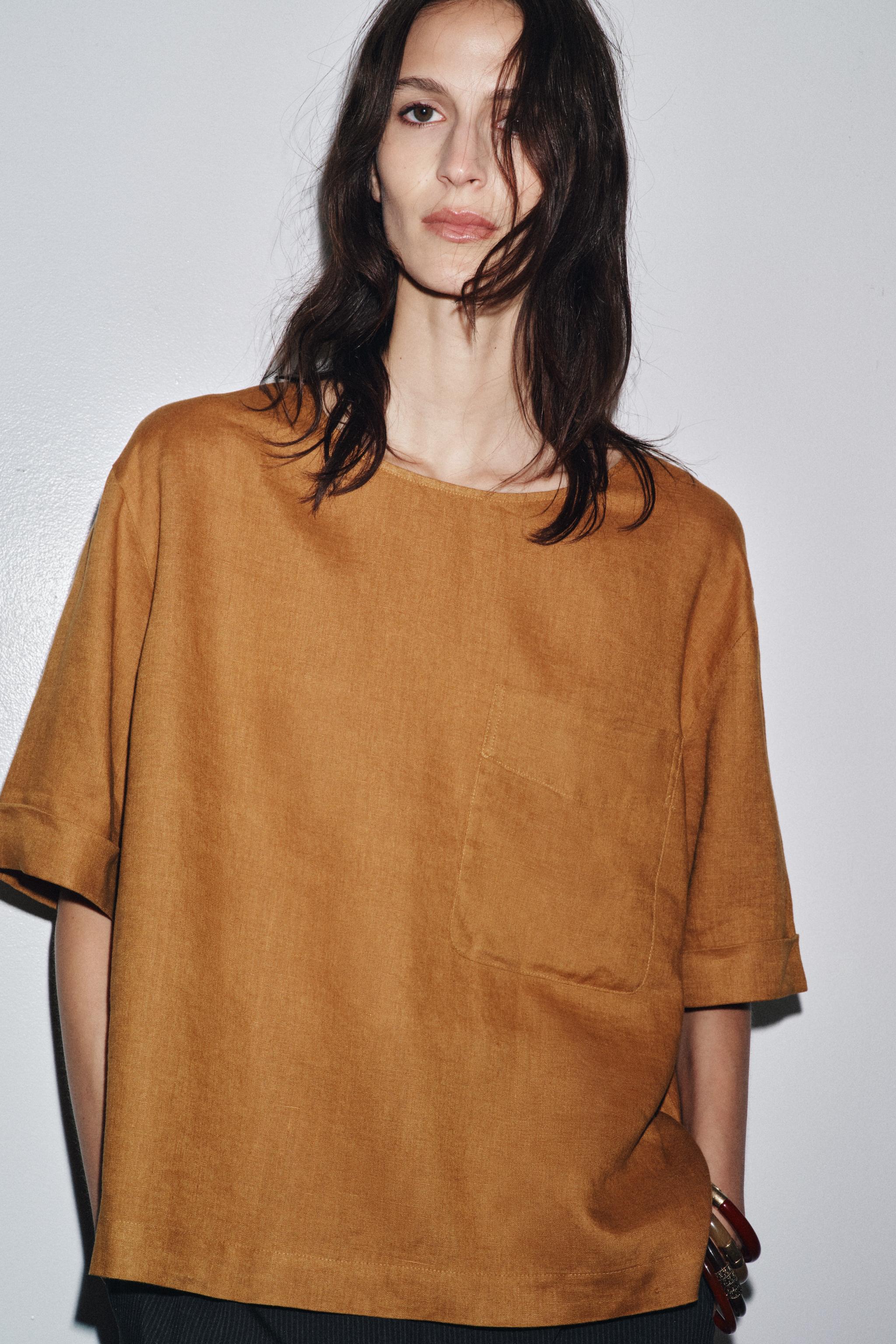ZW COLLECTION LINEN SHORT SLEEVE TOP - Ecru | ZARA United States