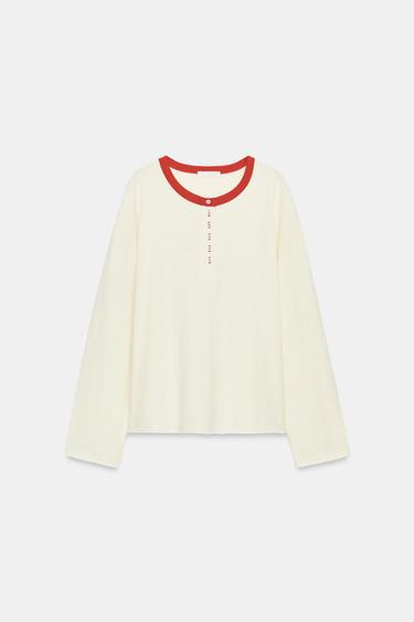 T-SHIRT À COL TUNISIEN RUSTIQUE - Écru de Zara - Image 4