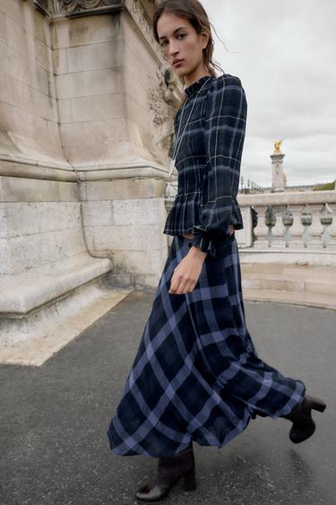 SMOCKED CHECK TOP - Blue / Navy by Zara