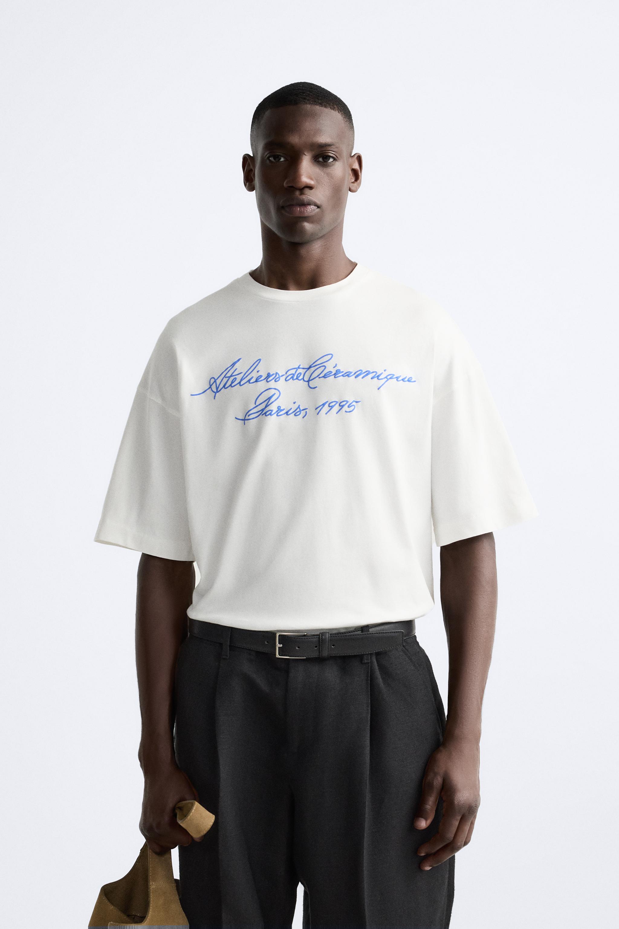 Zara Contrast Embroidered T Shirt White Men