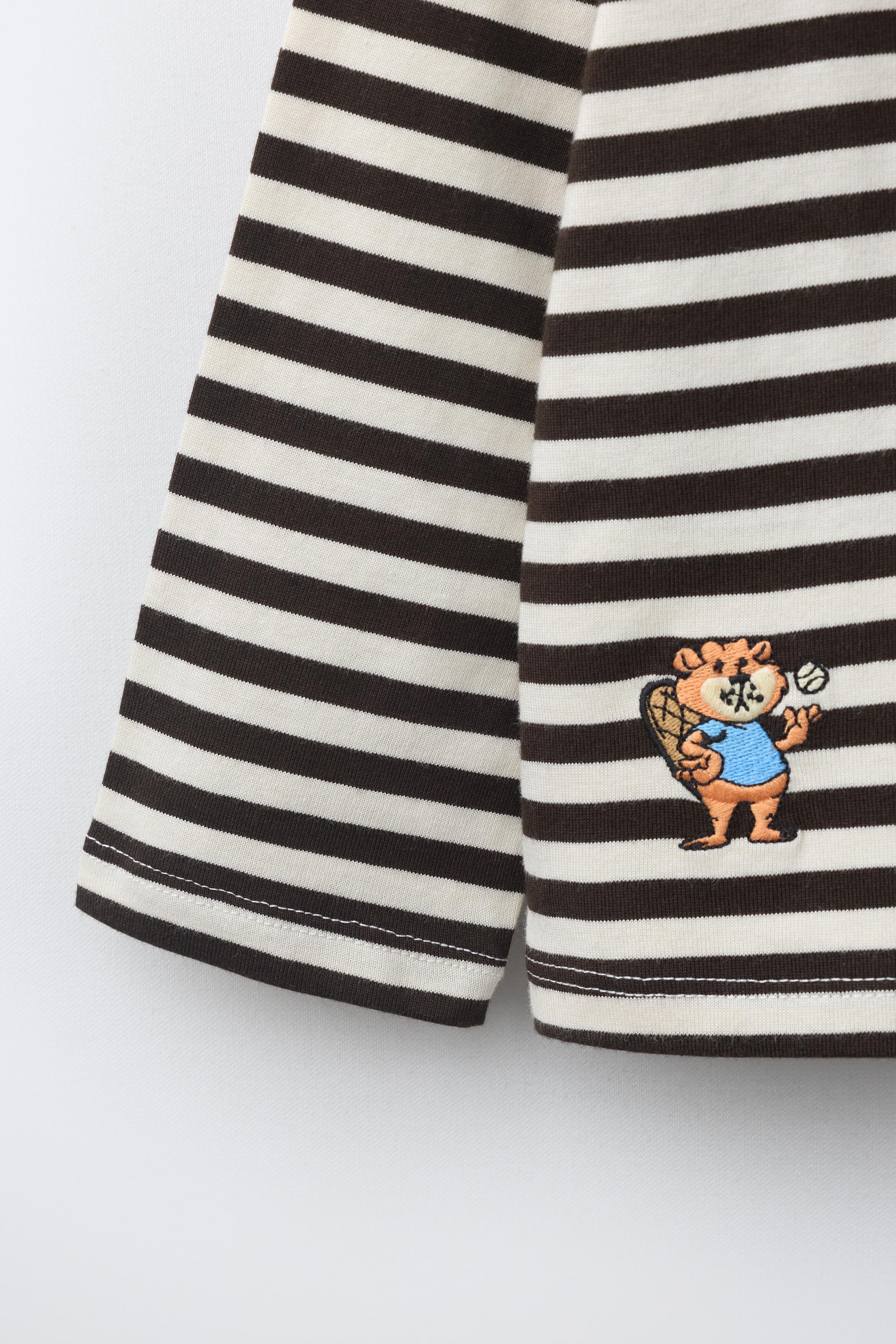 STRIPED EMBROIDERED FLOCKED TEXT T-SHIRT