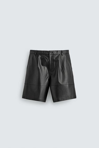 RELAXED FIT LEATHER BERMUDA SHORTS WITH PLEATS - Black by Zara