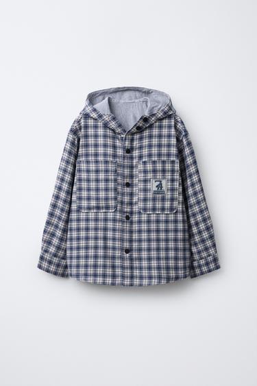 CHECK OVERSHIRT WITH HOODIE - Blue by Zara