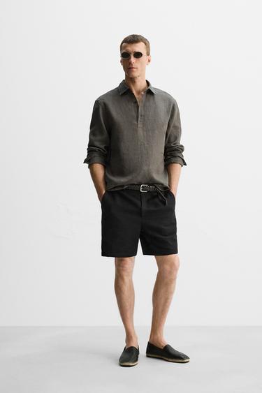 Zaras POLOSKJORTA 100% LINNE - Brun/prick