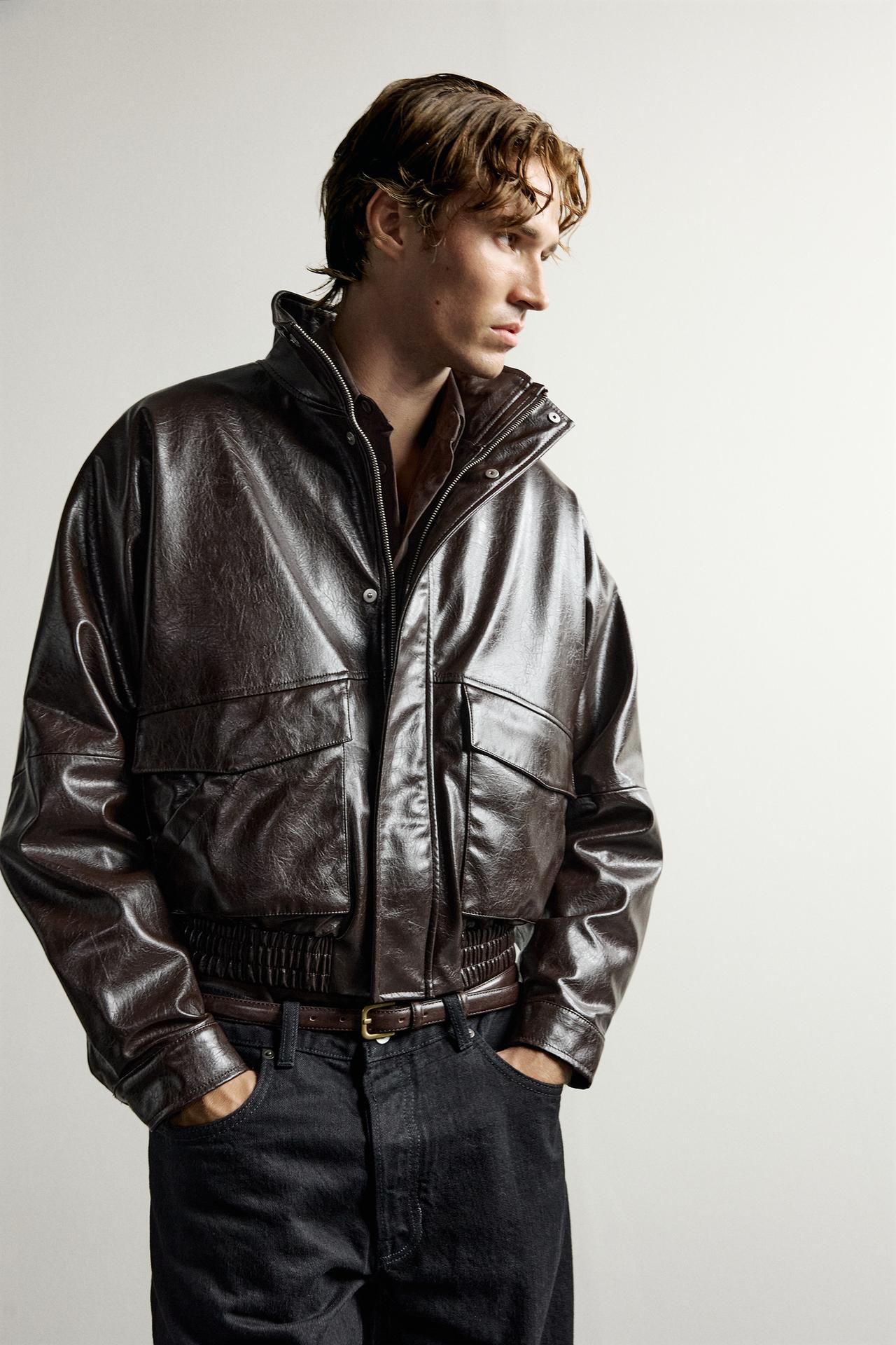 FAUX LEATHER CROPPED FIT JACKET — Brown