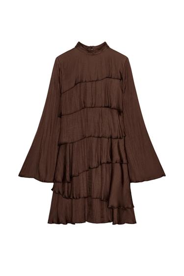 Front view of a short brown dress with a high neck, long sleeves, and layered ruffles. Hidden button fastening at the back.