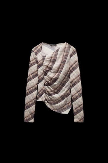 CHECKED TULLE DRAPED T-SHIRT - Khaki by Zara - Image 0