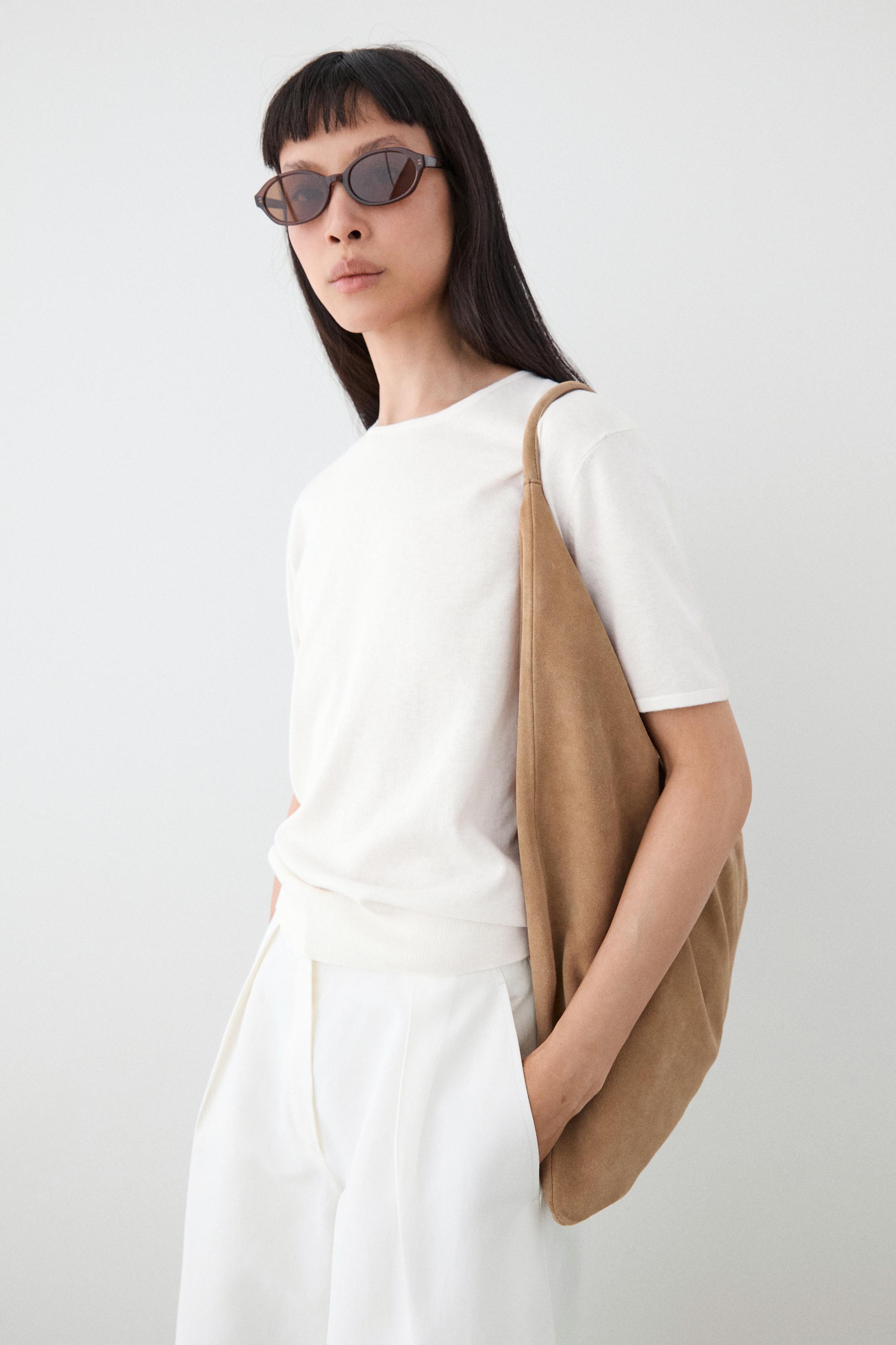 Cotton blend knit short-sleeve sweater — Ecru
