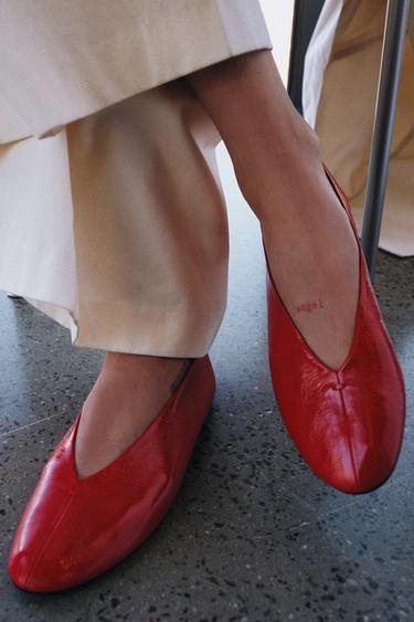 LEATHER BALLET FLATS - Red by Zara - Image 1