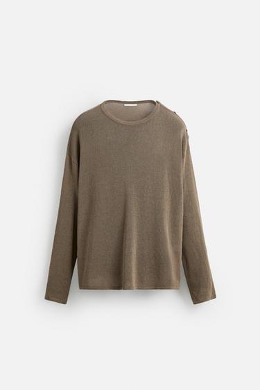 BUTTON-UP KNIT T-SHIRT - Dark beige by Zara - Image 6