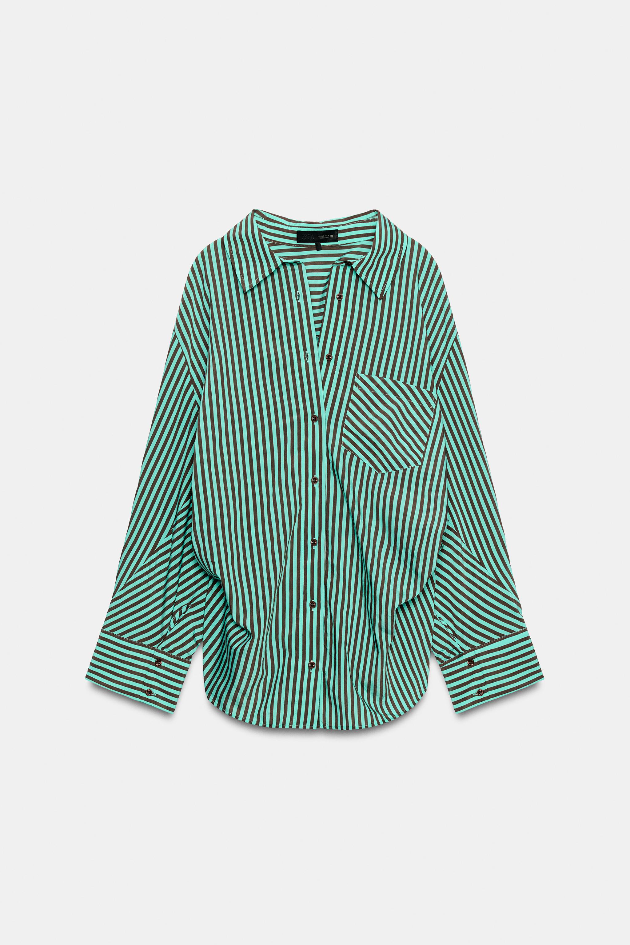 ZARA ストライプオーバーサイズセーター ストライプ柄オーバーサイズシャツ - rウォッシュグリーン | ZARA