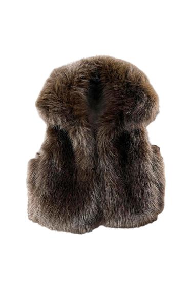 Brown faux fur vest with a soft, voluminous texture, no visible closure, against a white background.