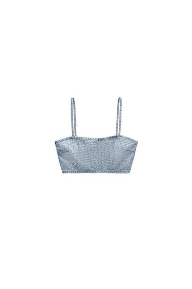 TRF DENIM CROP TOP WITH RHINESTONES