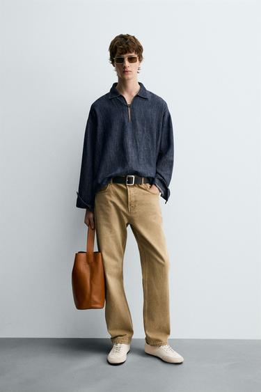 Zara COTTON-LINEN DENIM SHIRT - Mid-blue