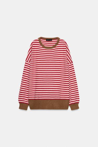 Zara 100% WOOL STRIPED SWEATER - Ecru / Red