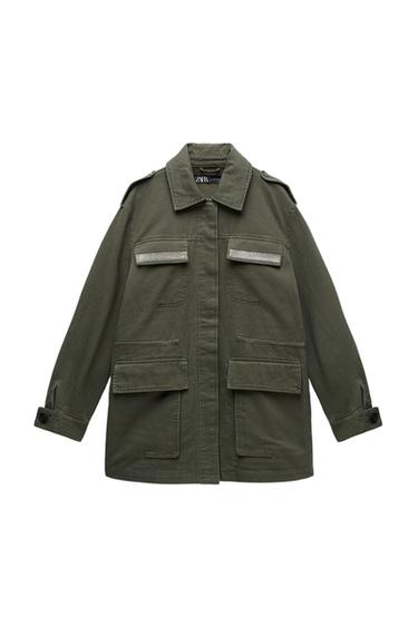Front view of an olive green jacket with front pockets and flaps.