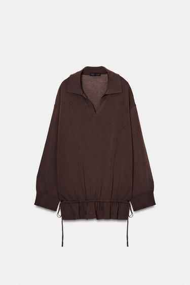 러플 니트 폴로셔츠 - Zara 초콜렛