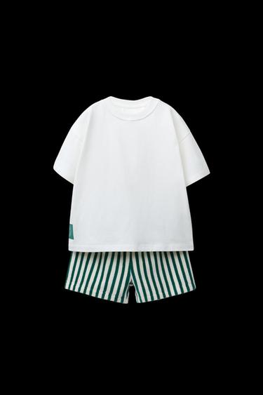 STRIPED TOWELLING T-SHIRT AND BERMUDA SHORTS SET - Green / Ecru by Zara - Image 0