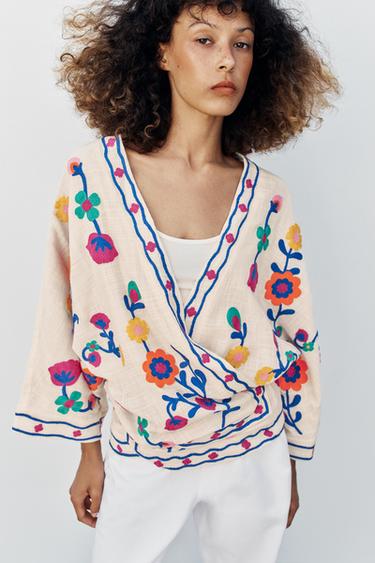 FLORAL EMBROIDERED KIMONO - Ecru by Zara