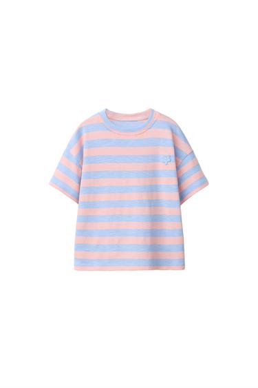 ストライプ柄フローラルパッチTシャツブルーマールZaraのストライプ柄フローラルパッチTシャツ - ブルーマール